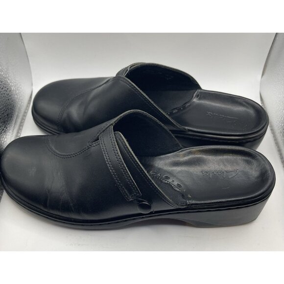 Clarks Womens 8 Black Leather Slip Step In Comfy Mule Clogs No Box Polish - Picture 5 of 10